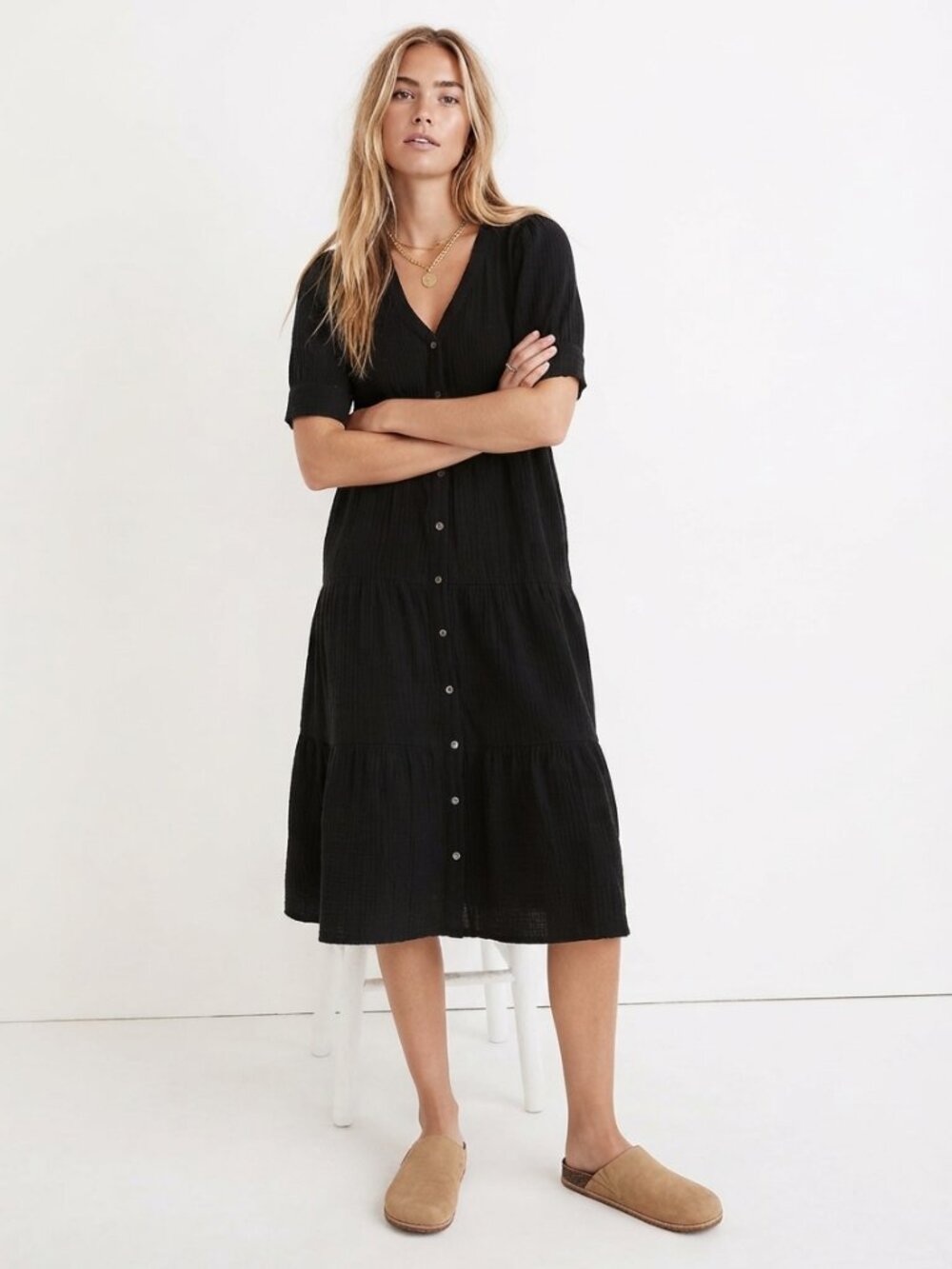 Madewell True Black Lightspun Button-Front Tiered Midi Dress 14 40060